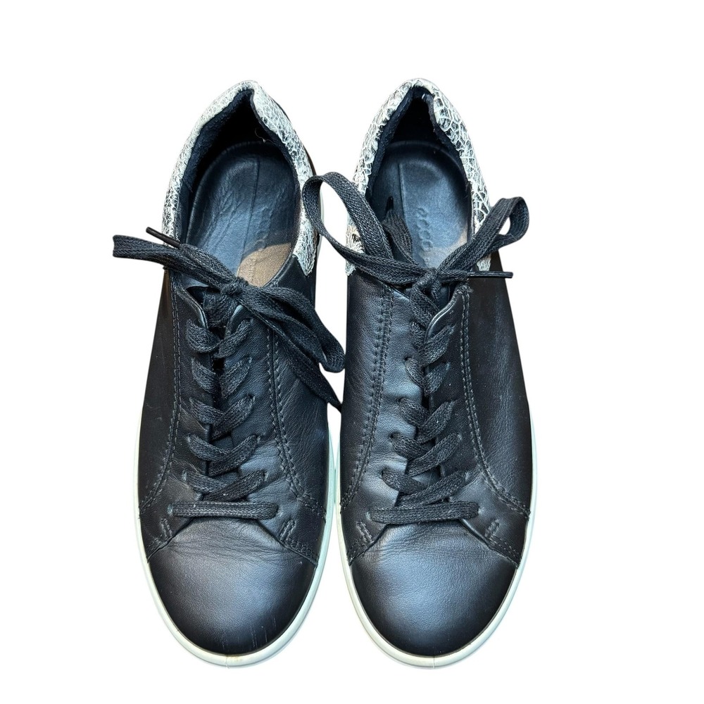ECCO Biom Shoes Womens Size 7.5 Black‎ Leather Lace Up Animal Print Sneakers
